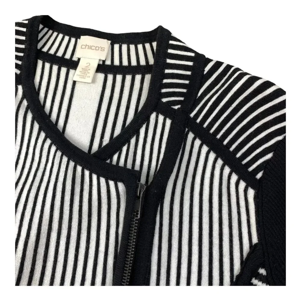 Chico's Natania Black/White Stripe asymmetrical Zip Up Cardigan Sweater size 12